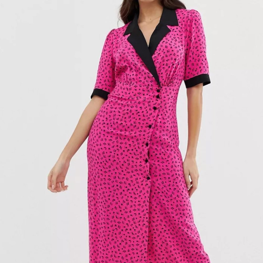 Sz 14 pink black floral wrap collared midi dress